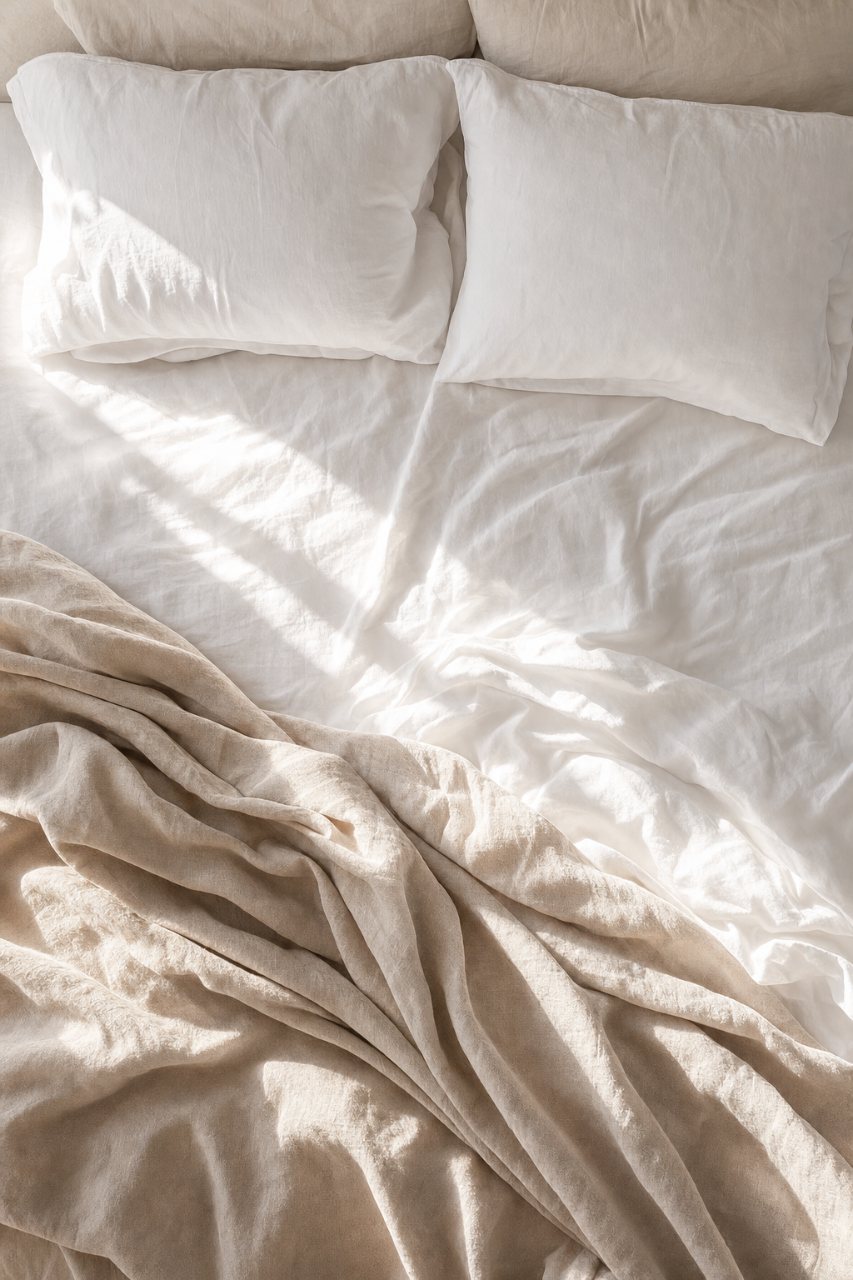 Overhead view of a bedroom showing mattress, bedding, and furnishings as chemical environment sources