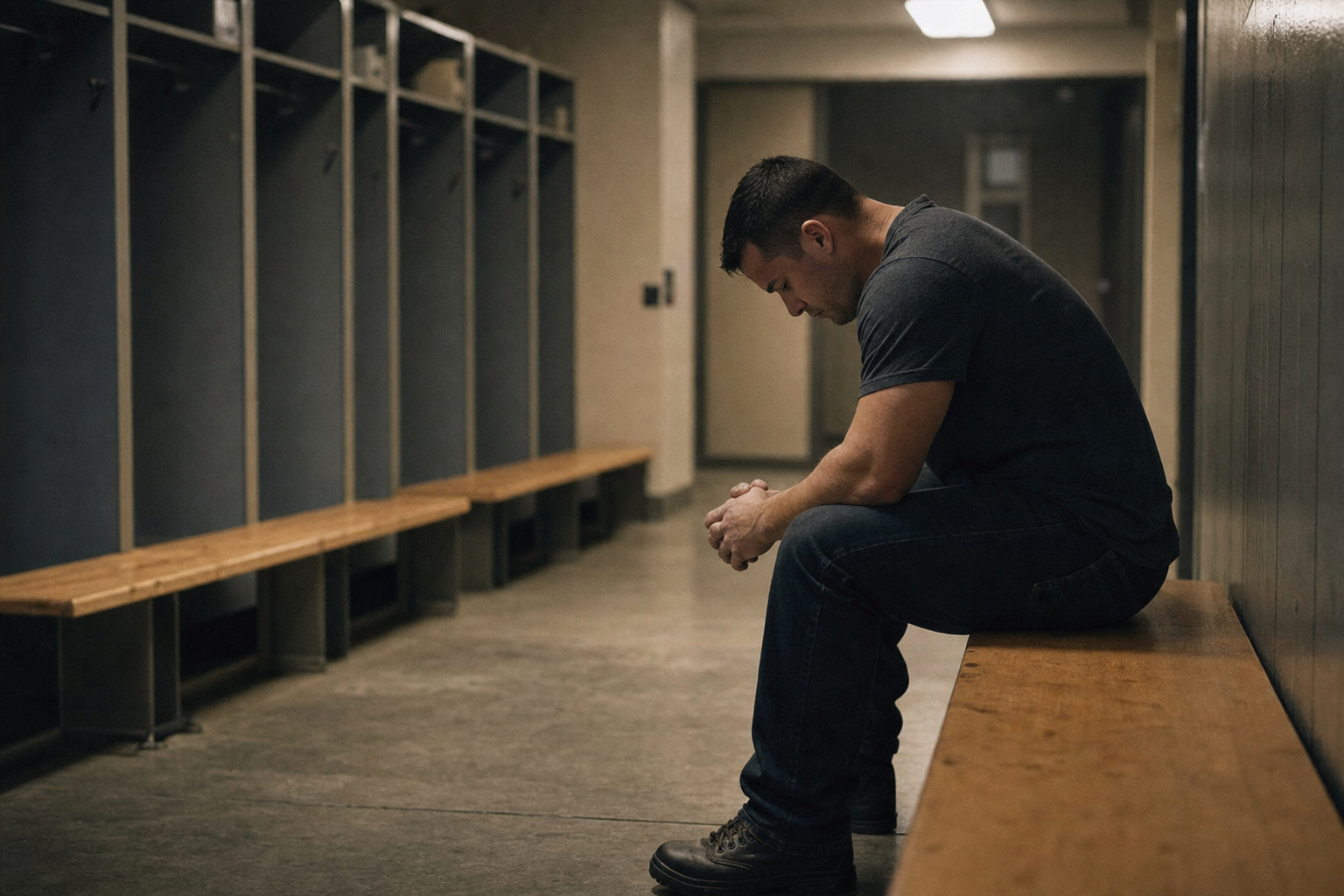 A first responder sitting alone quietly in a fire hall locker room