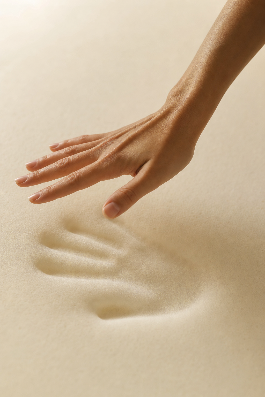 A hand pressing into memory foam, leaving a handprint impression