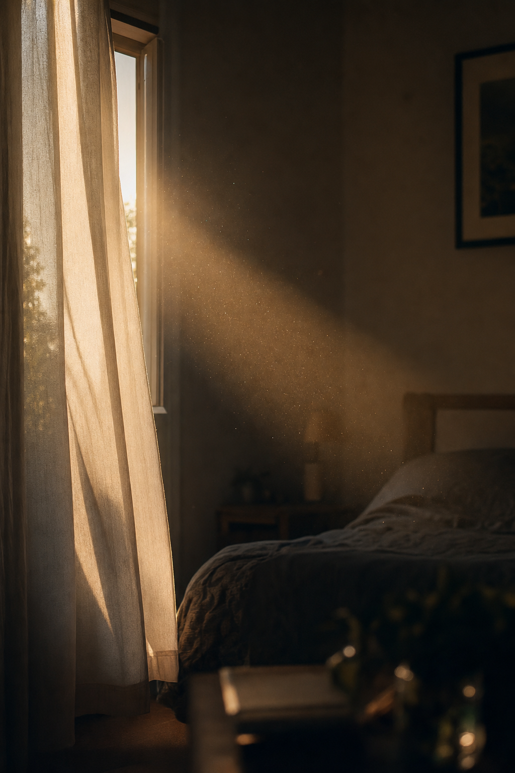 Morning light streaming through bedroom window with particles floating in the air