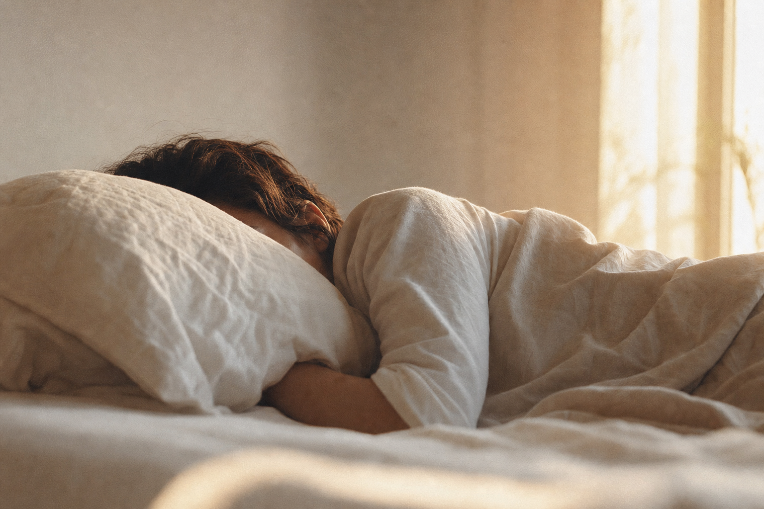 Person sleeping in a well-ventilated, simply furnished room